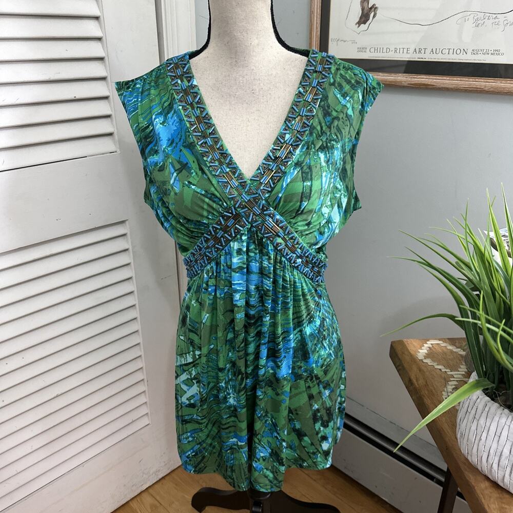 Vintage Cache Tunic Womens Large Green Abstract Slinky Beaded Artsy Boho Chic